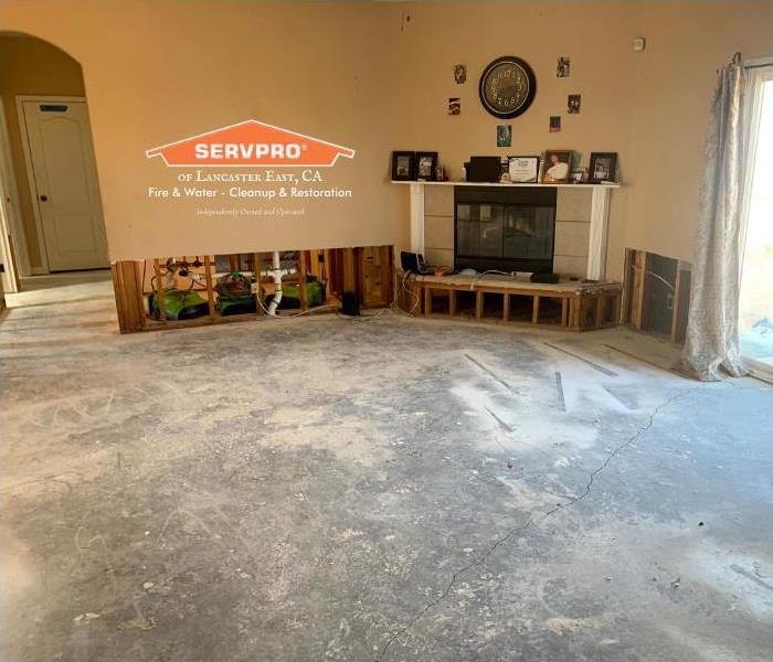 cut out walls of living room and carpet removed